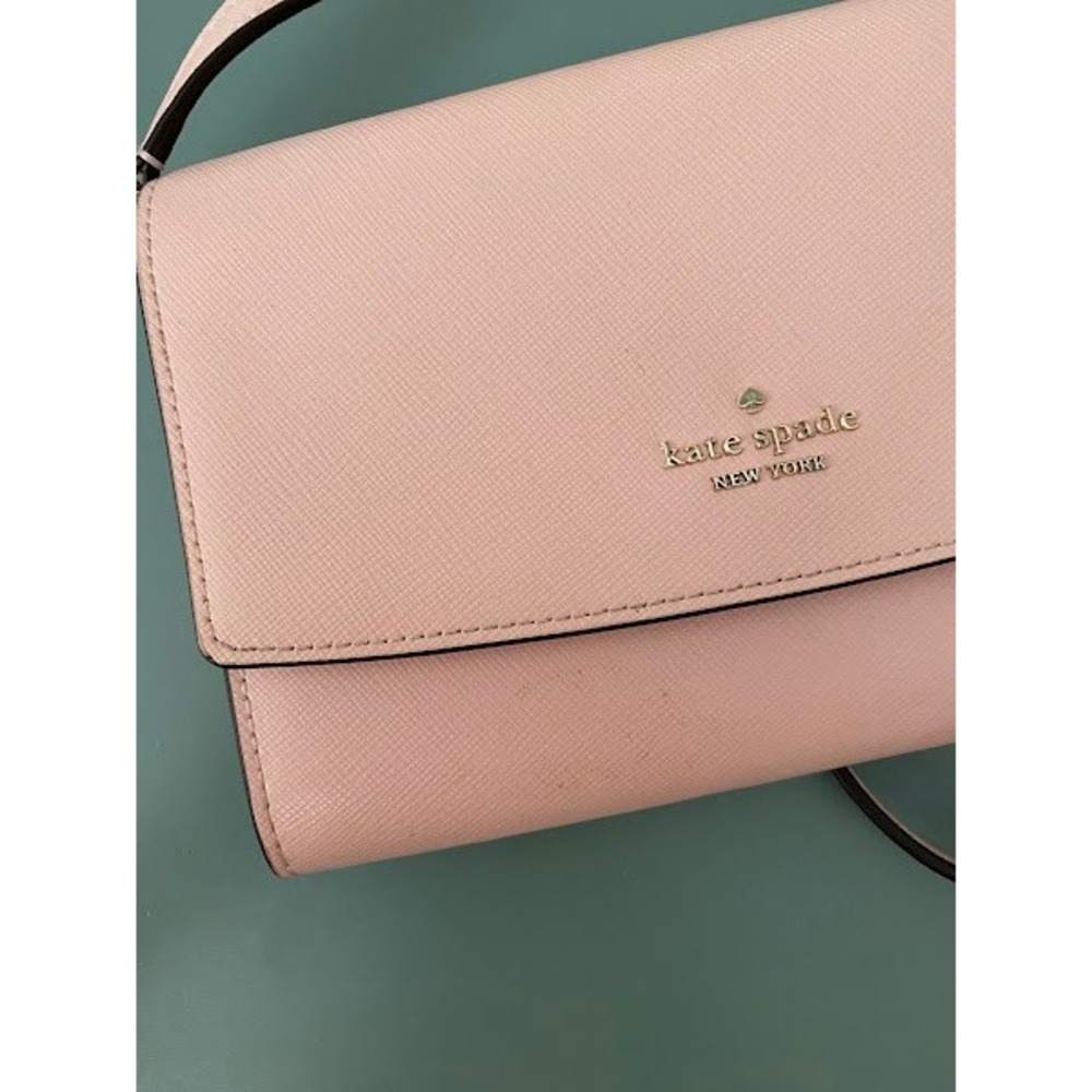 Kate Spade Pink Saffiano Leather Crossbody Wallet Bag Clutch Gold Logo - Picture 3 of 11
